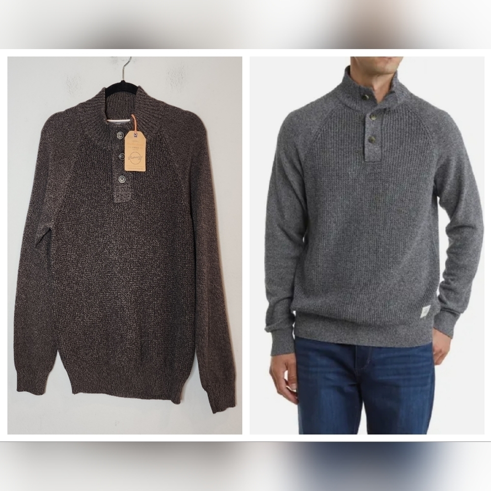 NWT Weatherproof Mock‎ Neck button knit sweater. Navy/Tan. Men's size Large.